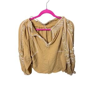 Free People Mustard Yellow Embroidered Peasant Blouse Long Sleeve Boho Smocked S